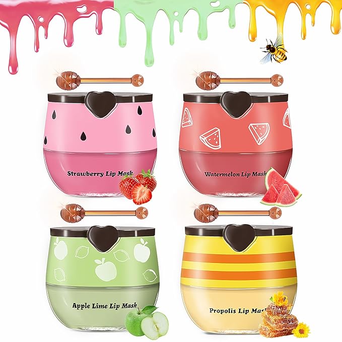 Bee Lip Balm Honey Pot, 4pcs Propolis Lip Mask Overnight Moisturizing Fruity Lip Balm with Stick, Hydrating Prevention Dry and Cracked Lip Scrubs Exfoliator Lip Care, Sleeping Lip Mask Hydrating(B#)