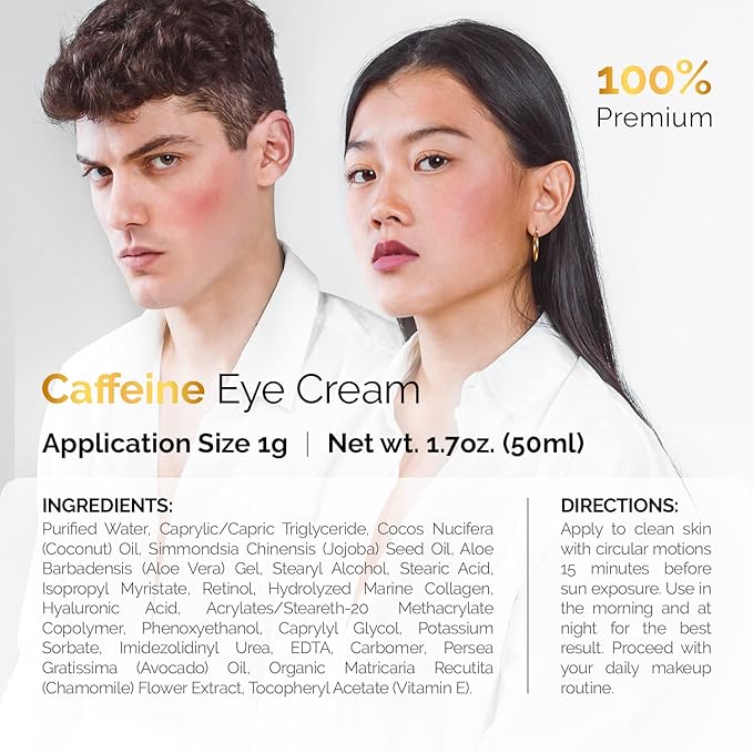 Caffeine Eye Cream For Anti Aging, Dark Circles, Bags, Puffiness. Great Under Eye Skin + Face Tightening, Eye Lift Treatment For Men & Women 1.7oz