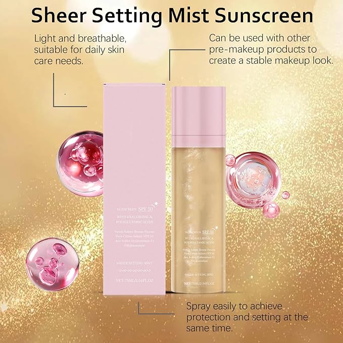 Sheer Setting Mist Sunscreen SPF 50 for Face & Body | Water-Resistant Shimmering Oil Spray | Hydrating Non-Greasy Glow Finish | Oil Control & Long Lasting（75ml）