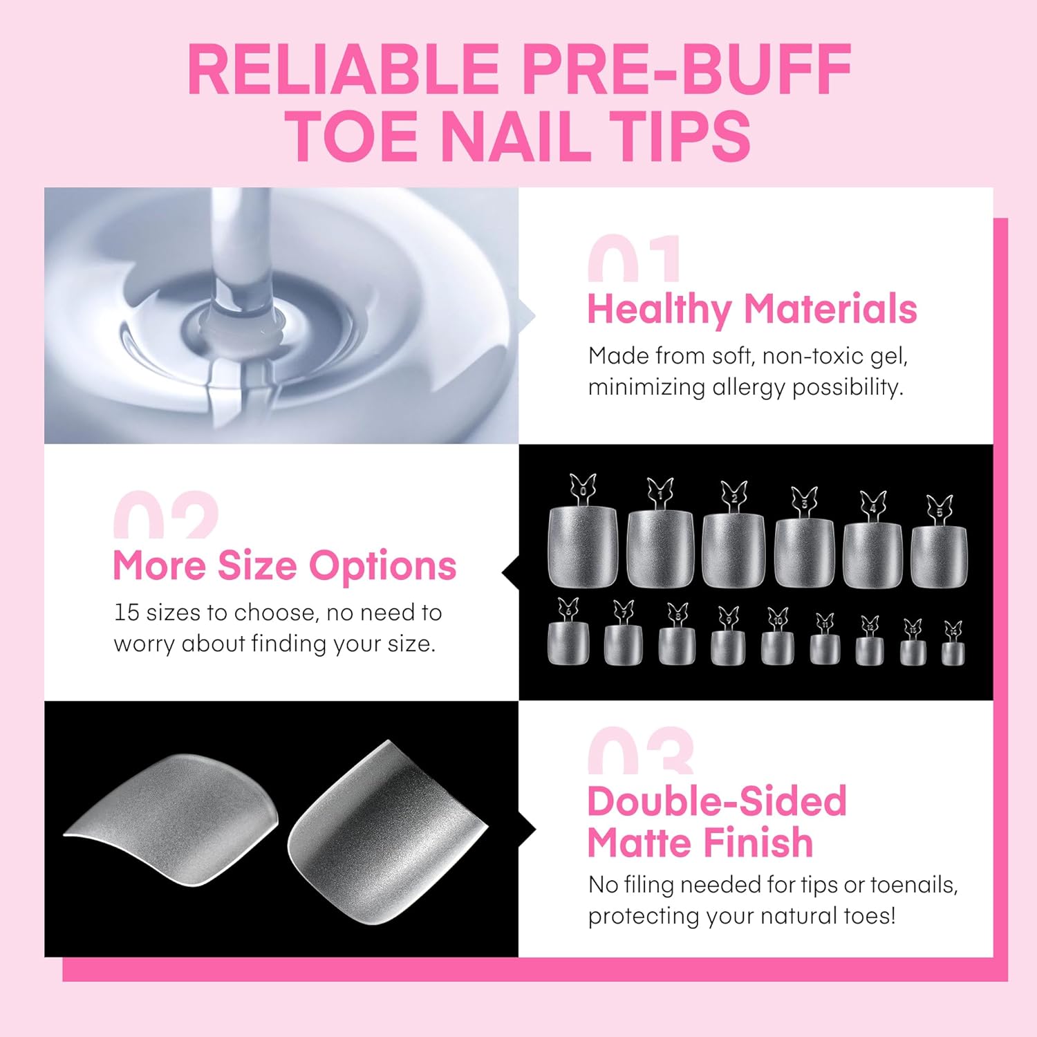 UNA GELLA Square Toe Nail Tips For Big Toe, 504Pcs 15Sizes Soft Gel Full Cover Toe Nail Tip Pre-buff Fake Acrylic Toe Nail Press Ons Soak Off Pedicure For Nail Extensions Home DIY Nail Salon