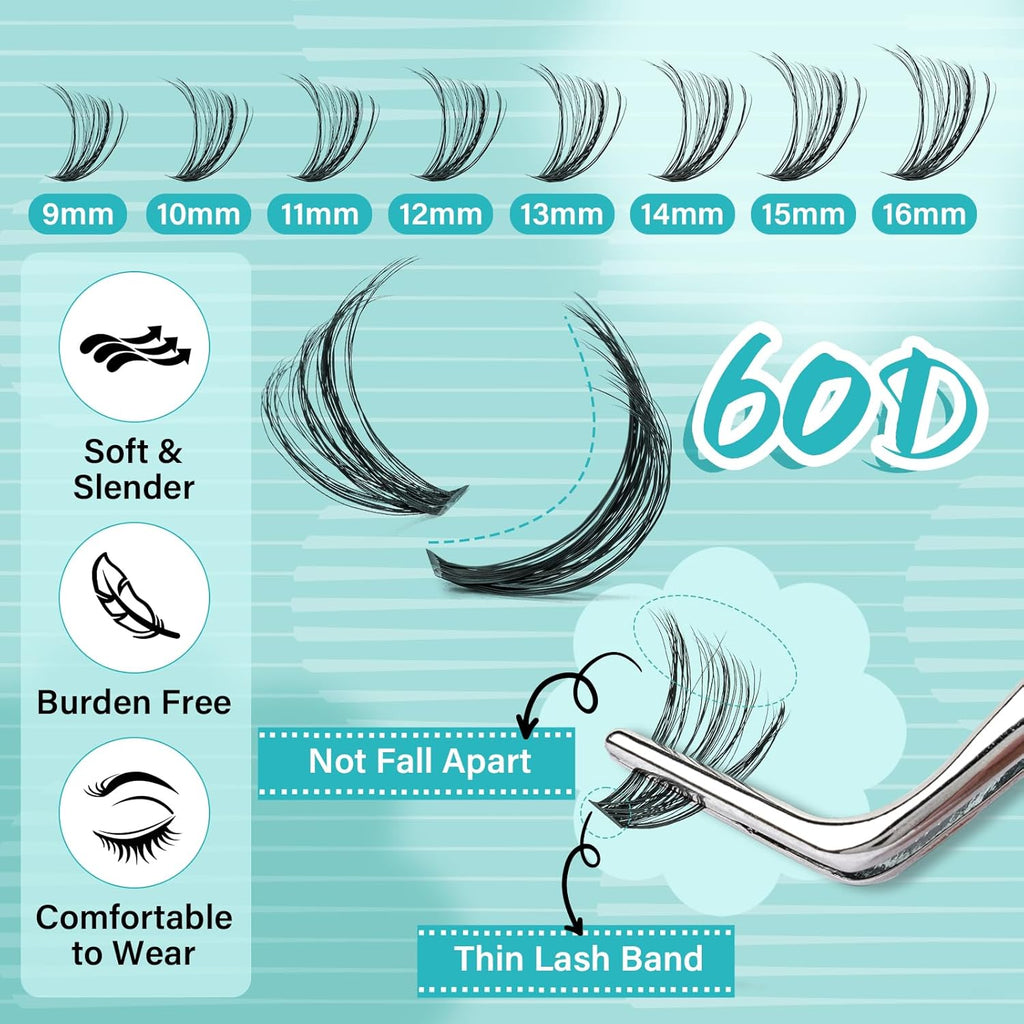 Lash Clusters Kit 200pcs, Eyelash Extension Kit 80D D Curl Diy Cluster Eyelashes Extensions Lash Bond and Remover Waterproof Lash Applicator Tools for 9-16mm Mix Lashes Beginner Self Use at home