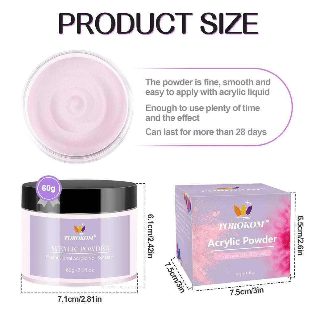 TOROKOM Acrylic Nail Powder Set, 2 Colors Nude Pink Acrylic Powder Colored for 3D Art Nail Carving French Nail Extension, Long-Lasting Nail Powder - No Need Nail Lamp, 2 * 60g