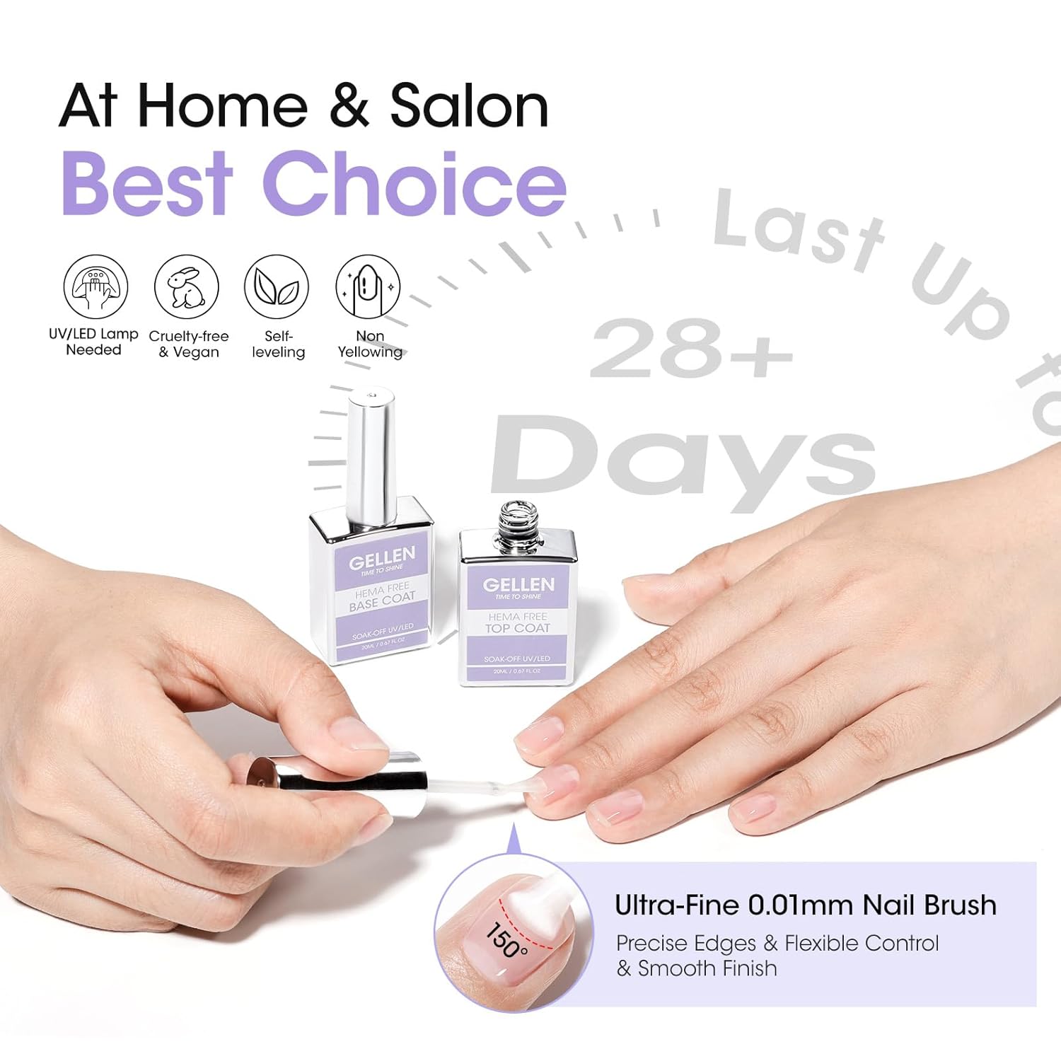 GELLEN 20ml Gel Base and Top Coat, Hema-Free Glossy Top Coat and Base Coat for Gel Nail Polish, No Wipe Soak Off Curing Needed Clear Nail Polish, Easy DIY Manicure Set