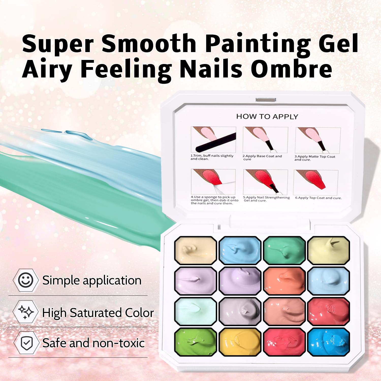 Sponge Pat Paint Nail Gel, Ombre Nails Gradient Gel Nail Blush Blooming Aura Nails Drawing Stripper Floral Painting DIY Nail Art, No Wipe, UV/LED Curing (16 Colors G)