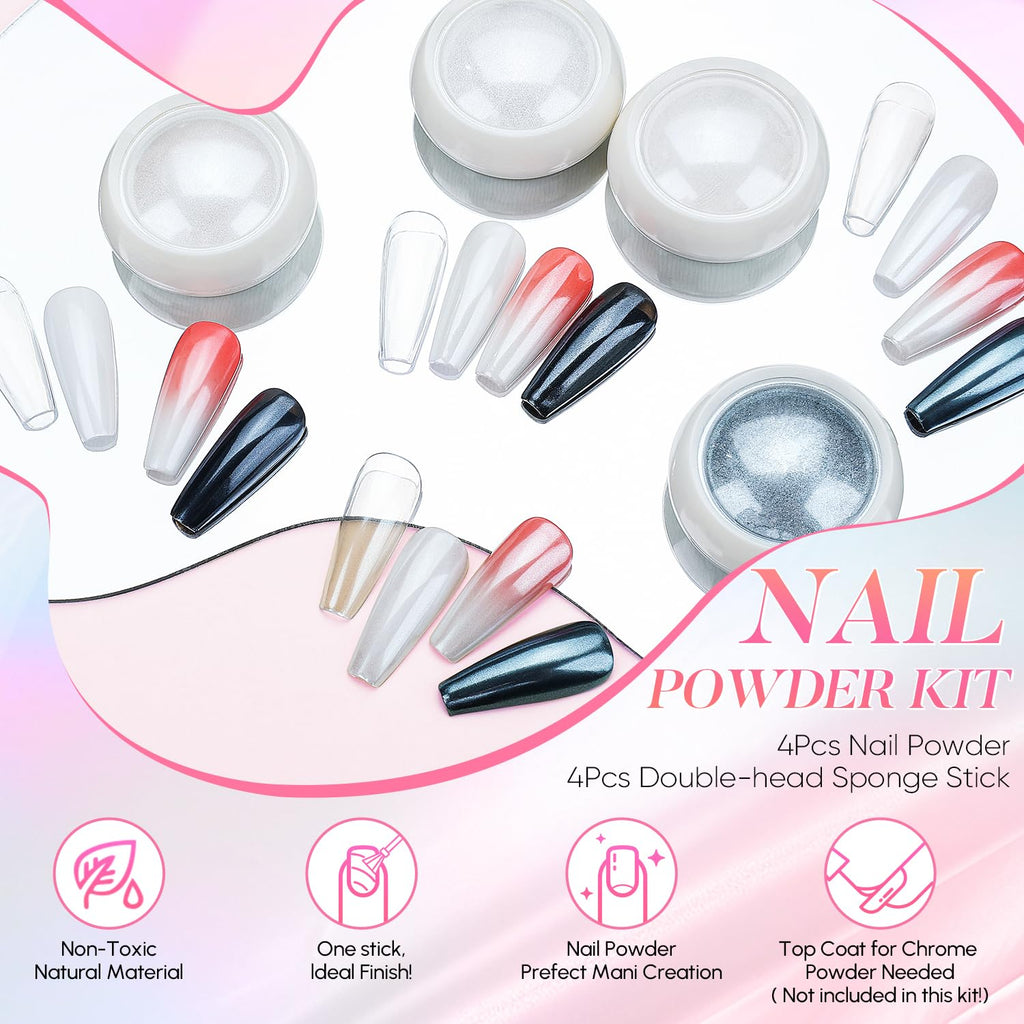 AIMEILI Pearl Chrome Nail Powder, Vegan, Cruelty Free, 4 Colors Aurora Metallic Holographic Mirror Effect Nail Art Pigment Iridescent Shell Glitter Nail Art