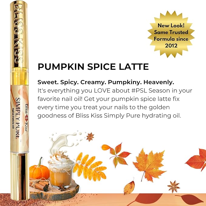 Bliss Kiss | 1 Pumpkin Spice Latte Fragrance | Nail Oil Cuticle Pen w/Vitamin E & Jojoba⏤Nail Strengthener Nail Growth Serum for Brittle Peeling Breaking Thin Nails