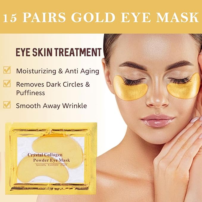 30 Pairs Lip Mask & Eye Mask, 24K Gold Gel Collagen Eye Pads for Puffy Eyes, Effectively Moisturizing the Lip & Eye Skin, Under Eye Patches for Dark Circles, Eye Bags, Wrinkles and Fine Lines