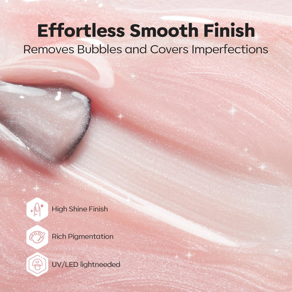 modelones Builder Nail Gel, 8-in-One Pink Shimmer Builder, Sparkle Glitter Pink Rubber Base Gel Polish LED Lamp Cured Hardener Color Base Strengthener Extension for Home DIY Salon Girls