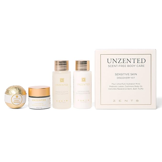 ZENTS Unscented 4-Piece Mini Set | Moisturizing Body Care for Sensitive Skin | Gentle Formula with Probiotic Lotion, Body Oil, Reparative Balm & Truffle Bath Bomb