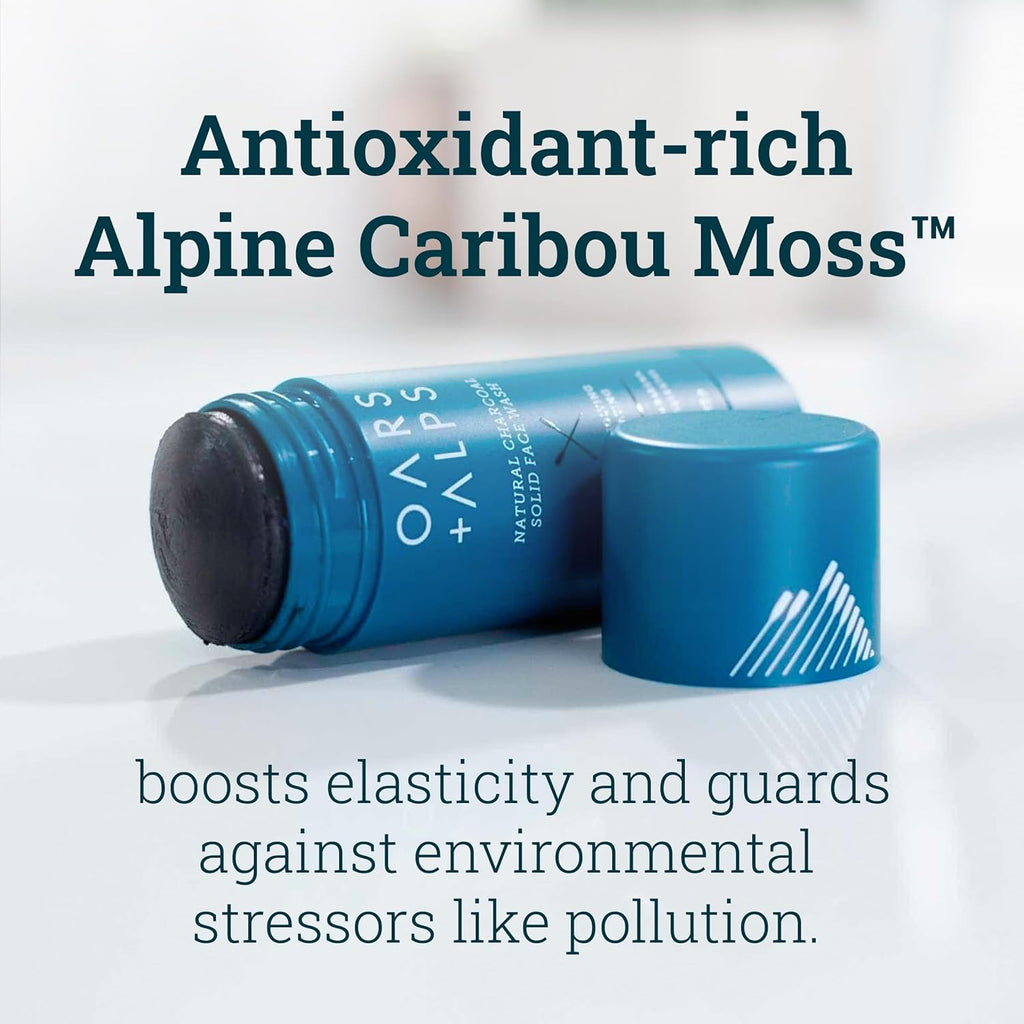 Oars + Alps Exfoliating Face Wash Stick, 2-in-1 Cleanser & Exfoliant with Activated Charcoal & Alpine Moss, Dermatologist Tested, Spill-Free, Travel Size, 1.2 Oz