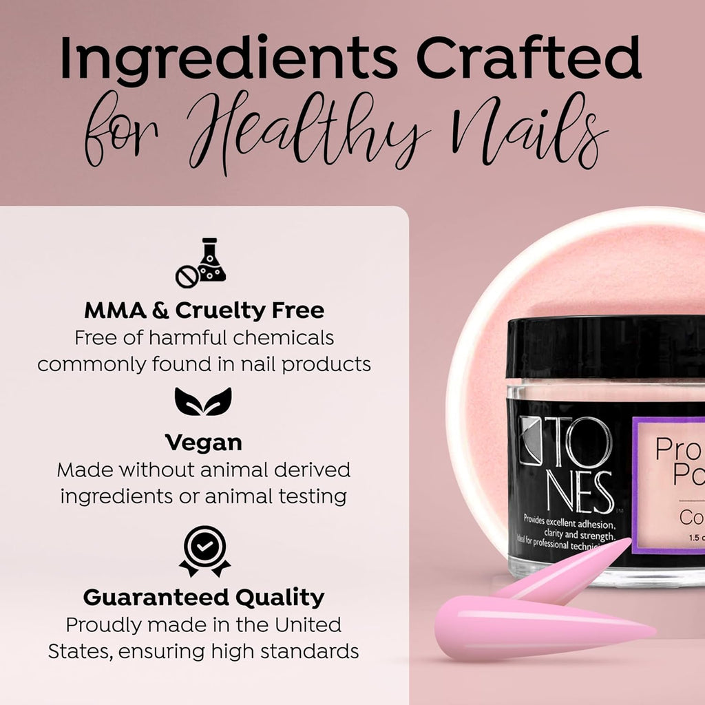 Tones Pro Acrylic Nail Powder, Cover Pink (Soft Nude Pink), (3.5 Fl Oz) - Long-Lasting & Non-Yellowing Polymer for Salon Quality Nail Extensions & 3D Art