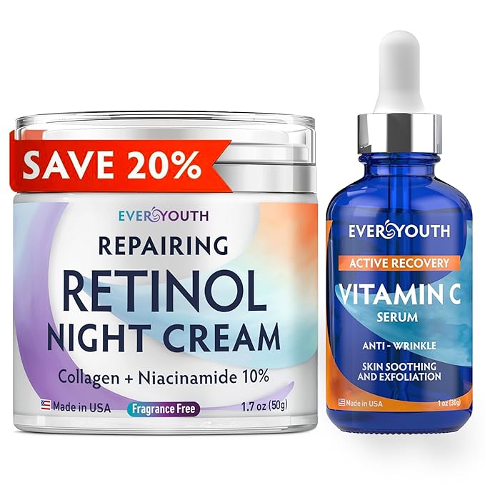 Night Cream Face Moisturizer & Vitamin C Serum 20% Bundle, Retinol, Collagen, Niacinamide Anti Aging Overnight Mask and Stem Cell Serum - Save 20%