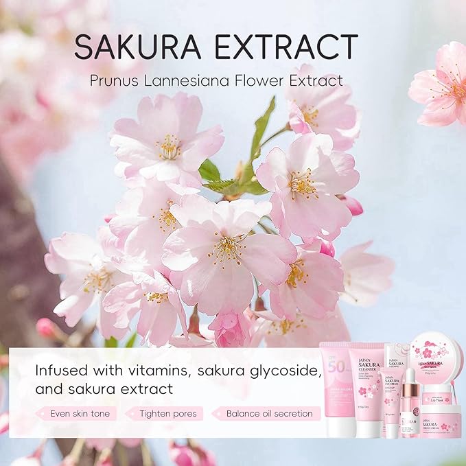 Sakura Skincare Set, Skin Care Set For Teen Girls, Skincare Gift Set Cherry Blossom Beauty Set, Deep Cleaning Skincare Facial Kit, Teen Skin Care Kit Birthday Gift - 8 Pack Travel Skincare