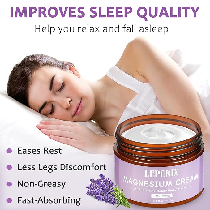 LEPONIX Magnesium Cream for Sleep - Topical Magnesium Lotion for Muscle Relaxation, Leg Cramps, Pain Relief & Better Sleep, Soothing Magnesium Body Butter for Adults & Kids (120ml, Lavender)