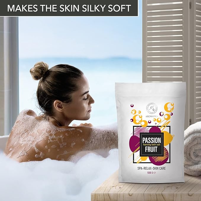 Foaming Bath Sea Salt Passion Fruit 35 Oz (1000g) Bubble Bath Salts with Almond & Grape Seed Essential Oil & Passion Fruit Extract for Bath Soak - Relaxing Bath - Aromatherapy Bath Salts