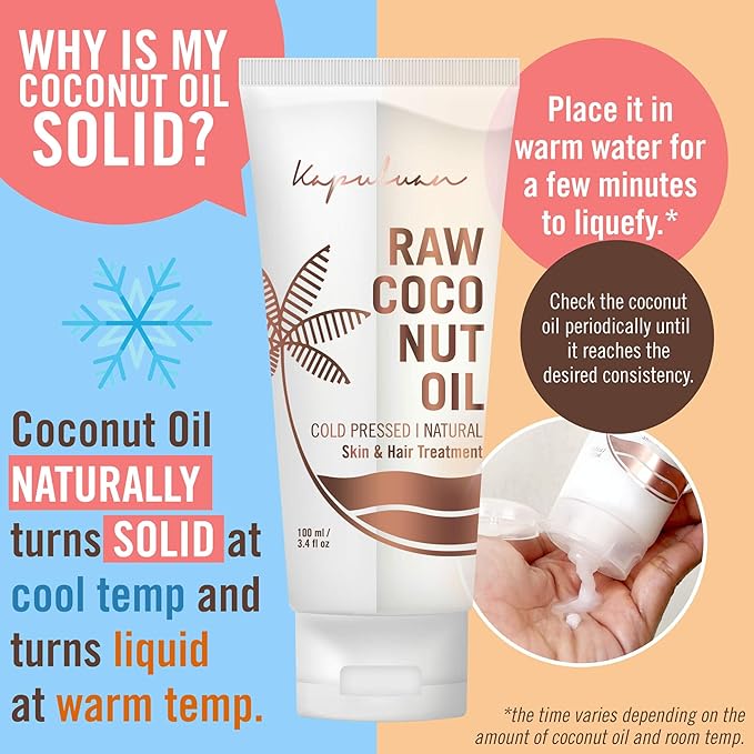 Pure Coconut Oil for Hair, Skin - Raw Extra Virgin Coconut Oil - Pure Unrefined Cold Pressed Oil with MCTs for Body Care or Haircare, Hair Growth, Aceite de Coco Natural, 100ml
