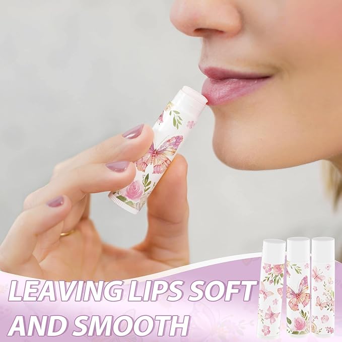 50Pcs Butterfly Baby Shower Favors Lip Balm Bulk Thank You Gift for Women Staff Moisturizing Lip Care with Organza Bag and Tag for Bridal Shower Mother's Day Party Favor Supplies (Butterfly)
