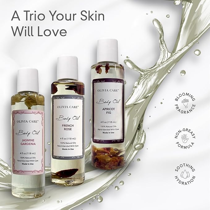 Olivia Care 3 Pack Body Oils: Apricot Fig, French Rose, Jasmine Gardenia - Natural Perfume Oils For Women & After Bath Oils Body Moisturizers, Rich in Vitamin E, K, & Omega (3 Scents)