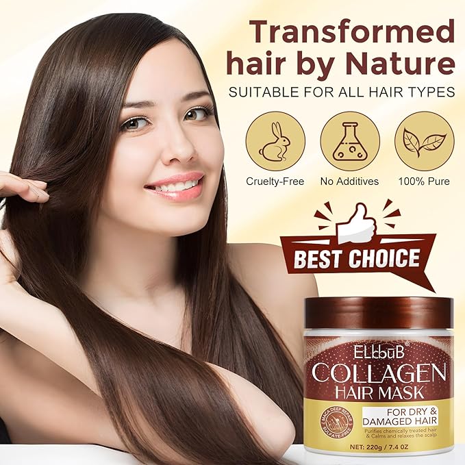 Collagen Hair Mask with Peruvian Ginseng, Avocado Oil, Marigold & Chamomile - Deep Repair Treatment for Dry, Damaged Hair - Restores Shine, Hydration & Strength - Suitable for All Hair Types