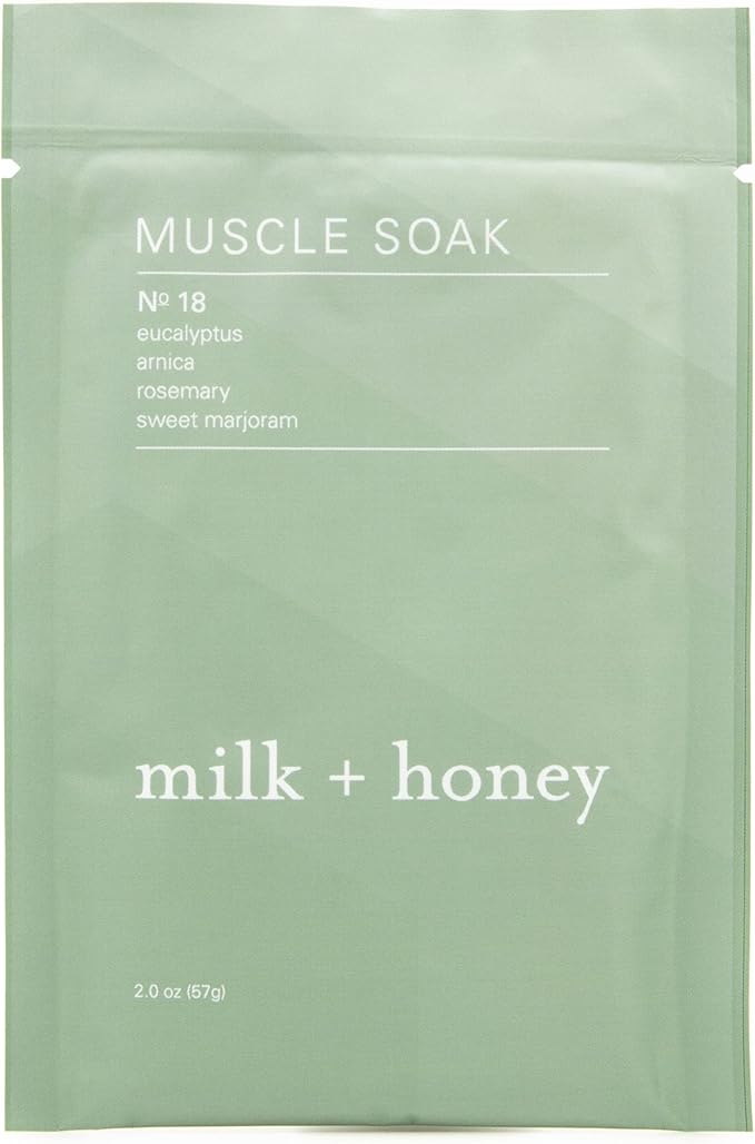 milk + honey Muscle and Bath Soak No. 18, with Eucalyptus, Arnica, Rosemary and Sweet Marjoram Moisturizing Soak, Sea Salt and Epsom Salt Bath, 6 Packets