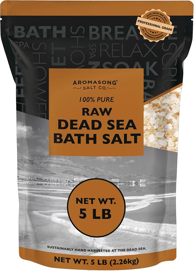 Aromasong 5 lbs Raw Dead Sea Salt - Contains All Dead sea Minerals Including Dead sea Mud - Fine Medium Grain Bath Salt Large resealable Bulk Pack (Packaging May Vary)
