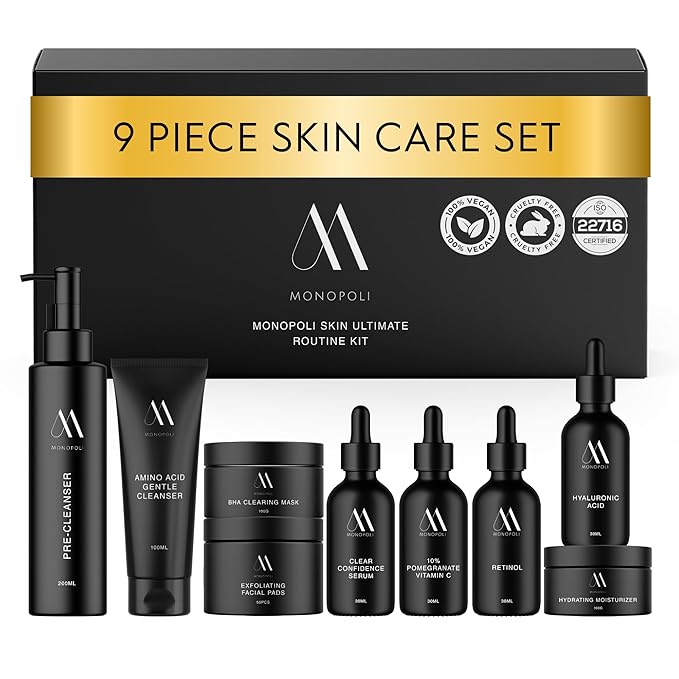 Monopoli Skin Care Set | Complete Routine: 9-Piece Face Care Set for Women & Teens for Anti-Aging, Hydration & Acne Control | Skincare Gift Set & Kits | Premium Skincare Set with Educational Resources