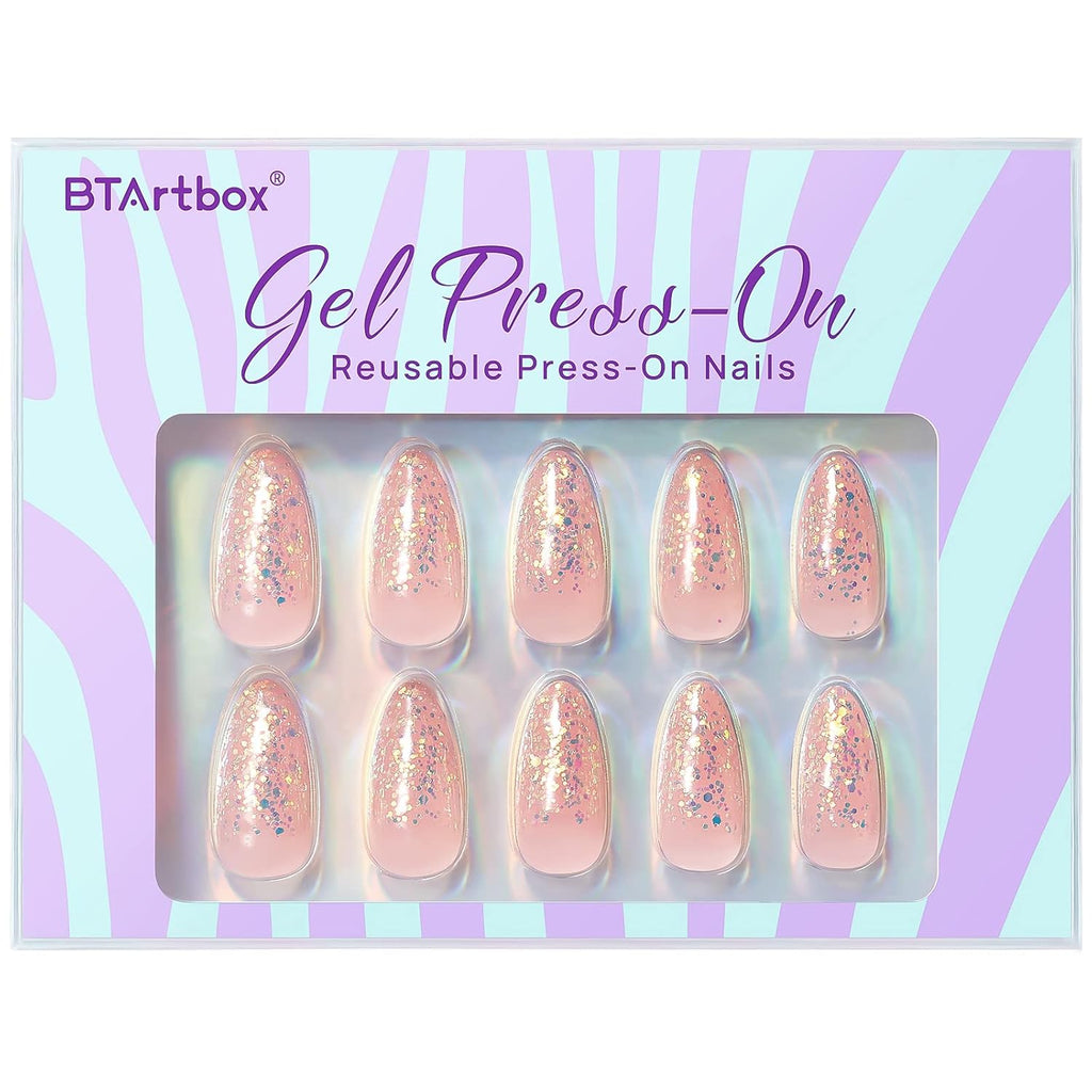 BTArtbox Press On Nails Medium- Christmas Supremely Fit & Natural Soft Gel Glue On Nails with Nail Glue, Reusable Stick On Nails in 15 Sizes - 30 Fake Nails Kit, Pink Sparkle