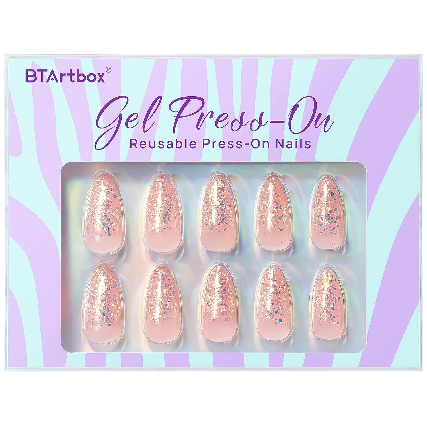 BTArtbox Press On Nails Medium- Christmas Supremely Fit & Natural Soft Gel Glue On Nails with Nail Glue, Reusable Stick On Nails in 15 Sizes - 30 Fake Nails Kit, Pink Sparkle