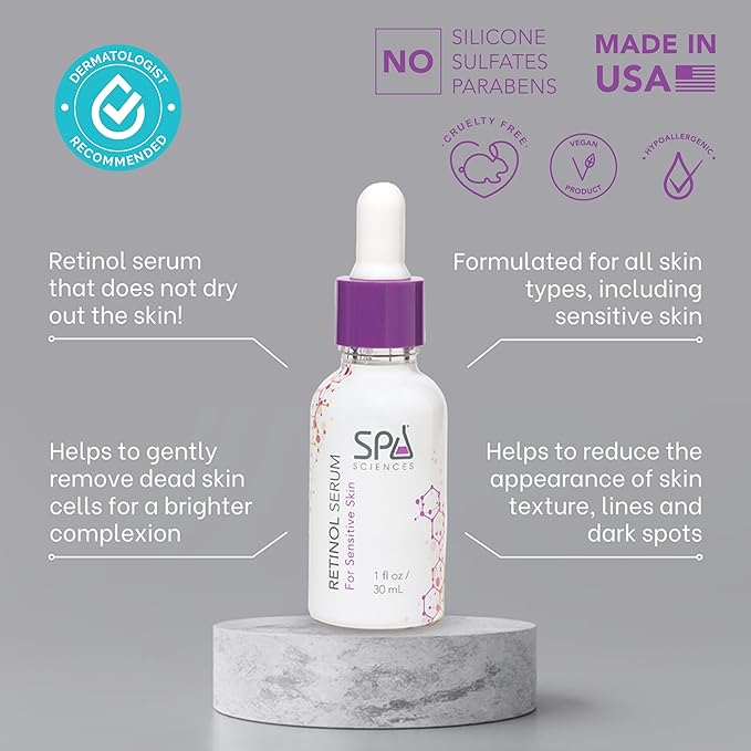 Spa Sciences - Retinol Serum - Made in the USA - Revitalizing Formula - With Bakuchiol, Turmeric, and Chamomile - Revive, Firm, Brighten - Vegan - For Sensitive Skin and All Skin Types - 1oz