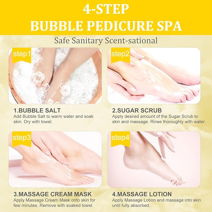 Pedicure Kit Foot Soak Set: Bubble Salt, Sugar Scrub, Massage Mask, Massage Lotion in a Box, 4 Step Foot Spa Kit for Dry Feet, Calluses and Tired Feet(1 Set Milky Flower)