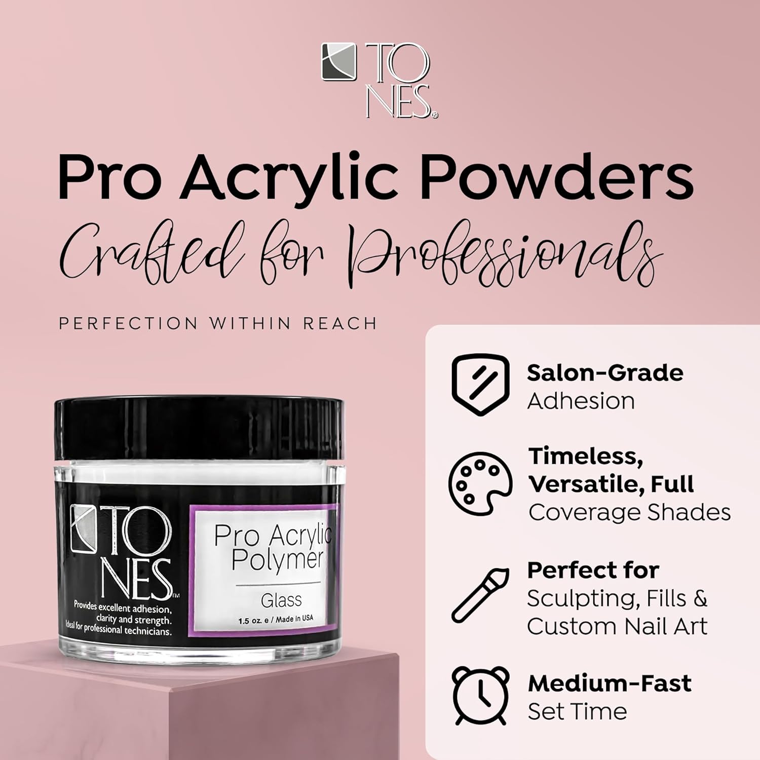 Tones Pro Acrylic Nail Powder, Glass (Clear), (1.5 Fl Oz) - Long-Lasting & Non-Yellowing Polymer for Salon Quality Nail Extensions & 3D Art