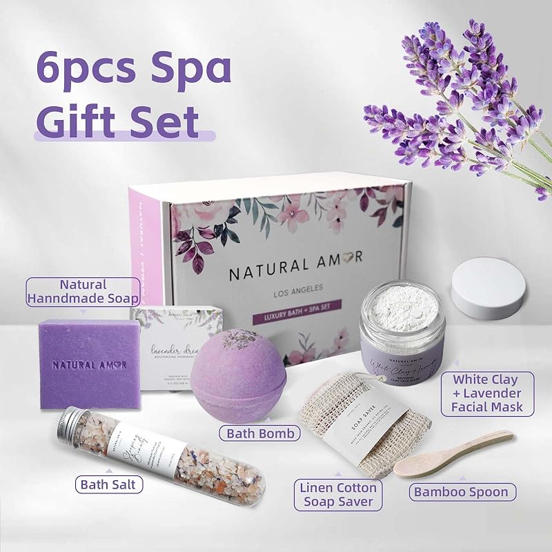 Natural Amor Lavender Spa Gifts for Women, 5pcs Handmade Spa Gift Box for Women, Birthday Gift for Women, Self Care Gift, Thank you Gift for Mother Day