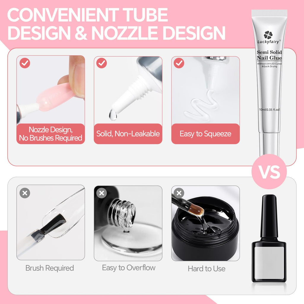 Super Strong Solid Nail Glue Gel for Press On Nails Tips, No U V Light Needed Gel Nail Glue 10g (2pcs) Quick Drying Adhesive Long Lasting Fake Acrylic Nails Glue Kit