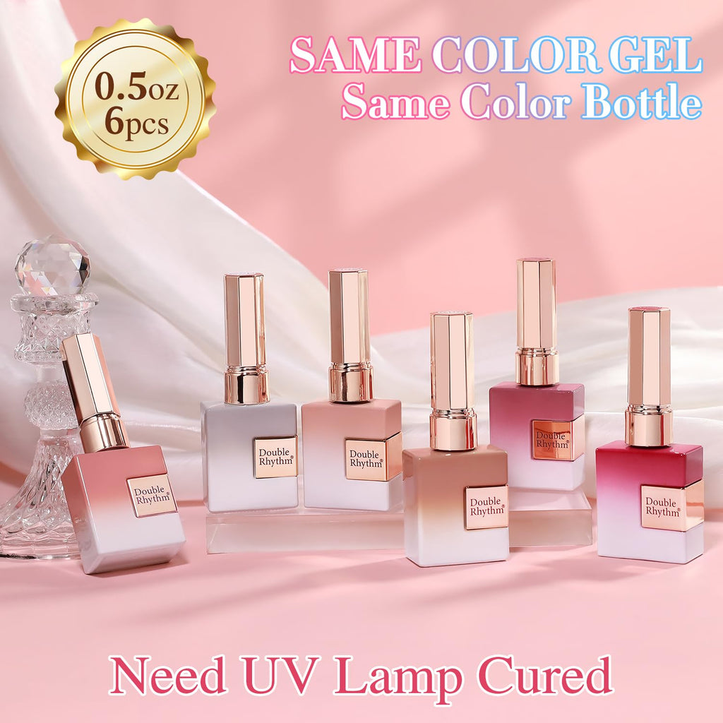 Double Rhythm 6 Pcs 15 ML Gel Polish Set Same Color Same Bottle Soak Off Gel Polish Kit Nail Art Manicure Salon DIY at Home for Women (Milky White Jelly Pink Nude Peach-T6-24)