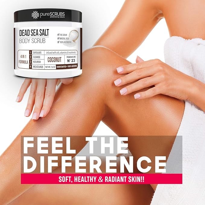 pureSCRUBS Premium Coconut Body Scrub Set - Large 16oz Dead Sea Salt Body Scrub With Infused Essential Oils & Nutrients, Includes Wooden Spoon, Loofah & Oatmeal Exfoliating Bar Soap