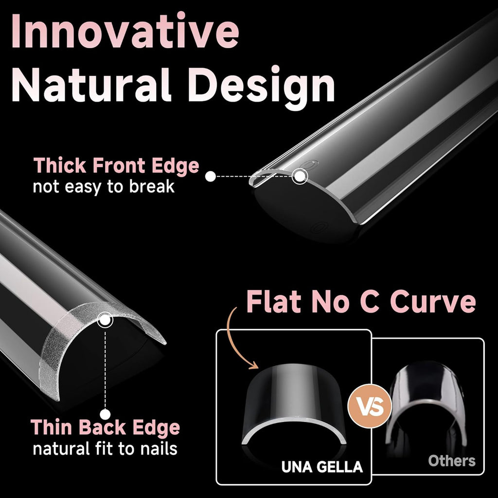 UNA GELLA No C Curve Tapered Square Nail Tips 216Pcs - 3XL Half Cover Clear Acrylic False Straight Nail Tips Long Soft Square Gel Tips Press on Nails for Nail Extensions DIY 12 Sizes With Box