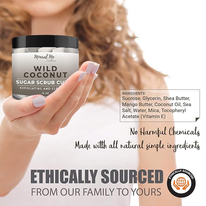 Body Scrub Exfoliator - 12oz COCONUT Sugar scrub cubes w/Mango Butter & Shea butter- Ultra Hydrating & Moisturizing - Natural & Organic for all body exfoliation- For hands, arms legs, elbow & foot