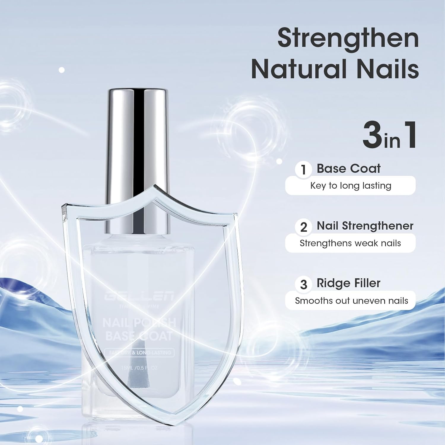 GELLEN Clear Nail Polish Base Coat, Calcium-Formula Nail Base Coat Strengthener Strengthens Nails, Anti-yellowing, Quick Air Dry, No UV Gel, Hema Free, Non-toxic, No Chip, Long Lasting, Protect Nails