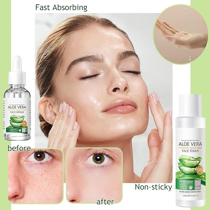 Aloe Vera Skincare Set,Hydrating Travel Size Face Wash,Moisturizing Face Toner & Face Serum & Face Cream,Eye Cream Skin Care Gift Set for Women（9PCS)