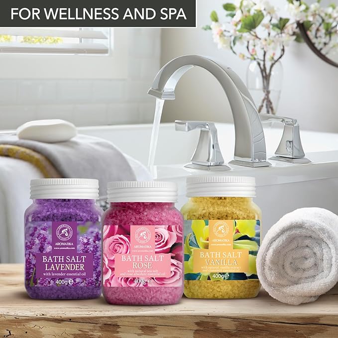 Bath Salts Set 42 Oz - Lavender - Rose - Eucalyptus - 100% Bath Salts - Lavanda Rosa Eucalitpus Salt - Best for Good Sleep - Stress Relief - Bathing - Body Care - Beauty - Relaxation - Spa