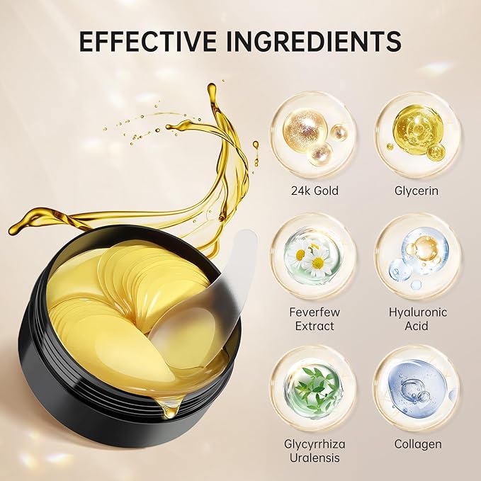 PITHER Under Eye Patches for Dark Circles, Eye Masks for Puffy Eyes Wrinkles Under Eye Bags Firmness 30 Pairs Skin Treatment Pads with Hyaluronic Acid and Collagen Women Men (Gold)