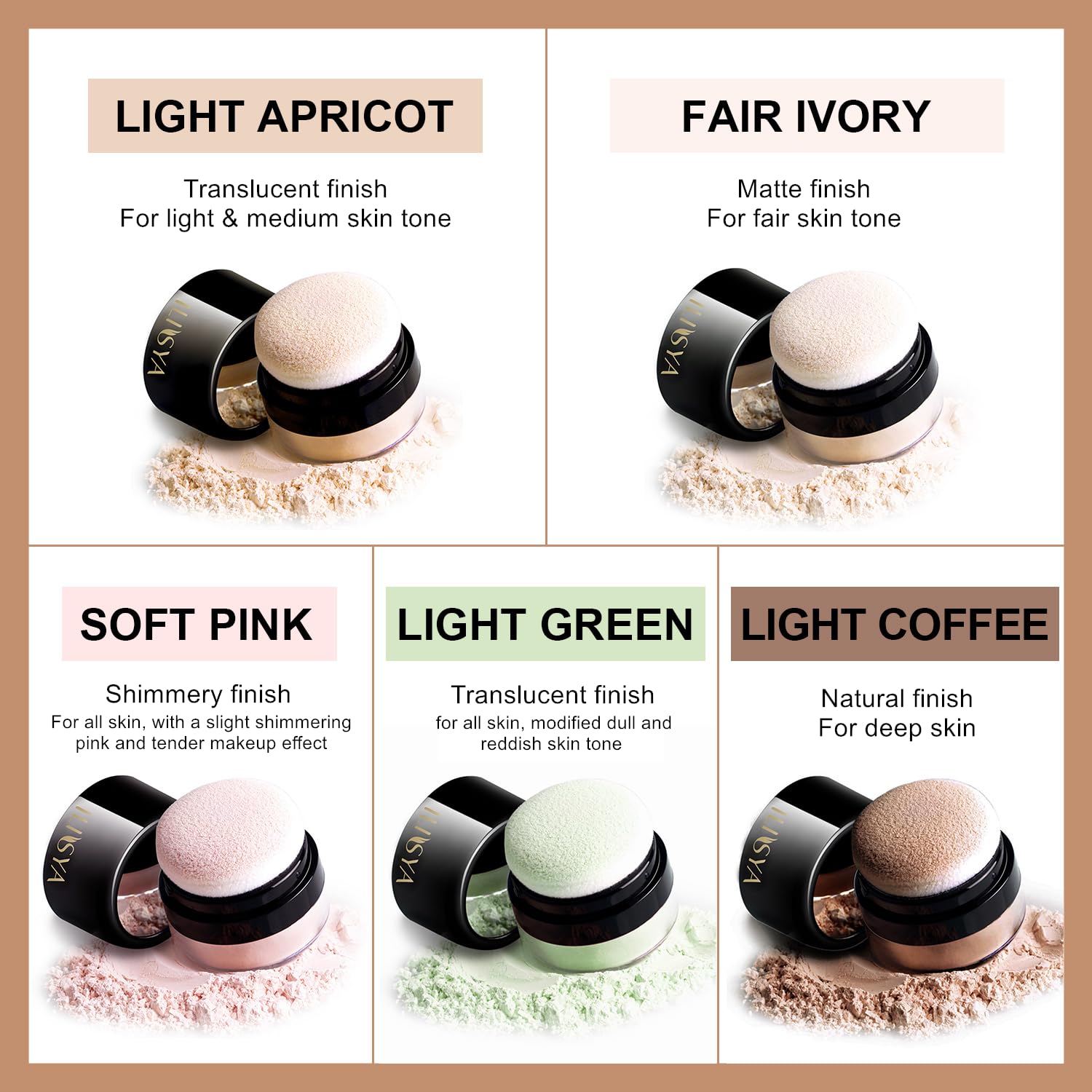 ROUSE Setting Powder Lightweight Loose Powder Finishing Powder Long-Lasting Face Powder Waterproof with Soft Mushroom Powder Puff & Mirror, Matte Finish,0.28 Oz (Light Apricot/Translucent)