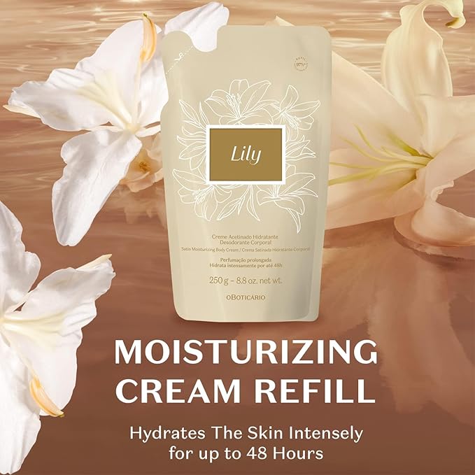 O Boticário Lily Satin Moisturizing Body Cream REFILL POUCH, 24 Hour Fragranced Body Butter for Dry Skin, 8.8 Ounce (250g)