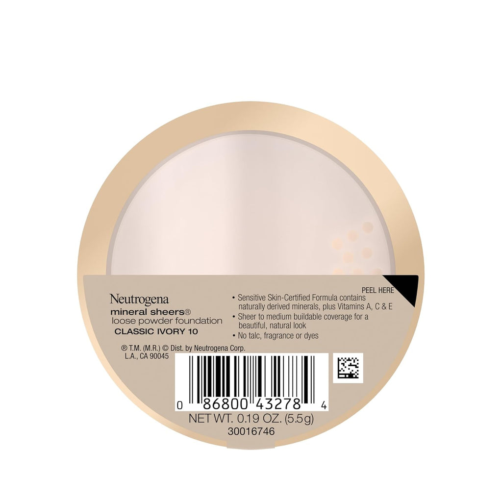 Neutrogena Mineral Sheers Loose Powder Makeup Foundation, Lightweight Face Makeup, Sheer to Medium Buildable Coverage, Sensitive Skin Foundation with Vitamins A, C, & E, Classical Ivory 10, .19 oz