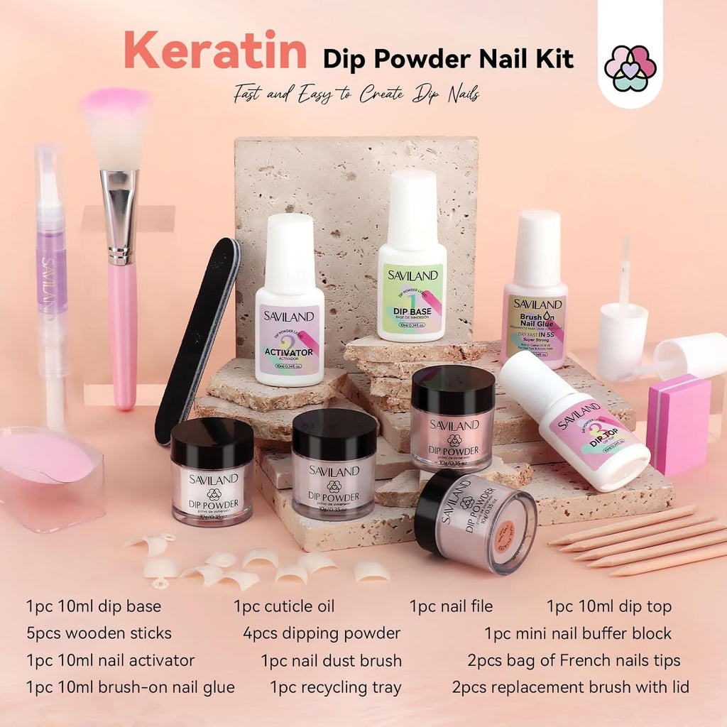 SAVILAND Dip Powder Nail Kit Starter with Nail Tips - 4 Colors with French Tips & Keratin Formula, Brown Nude Clear Dipping Powder No U V Lamp Needed for Home Manicure (10ml x4 Dip Liquids + Tools)