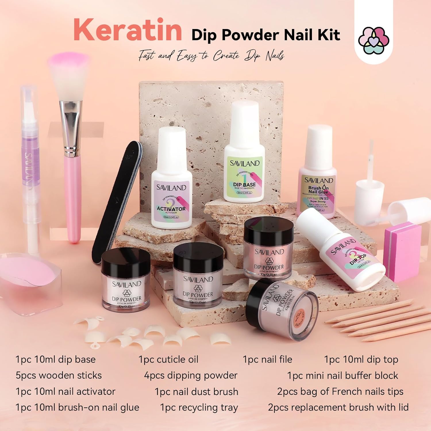 SAVILAND Dip Powder Nail Kit Starter with Nail Tips - 4 Colors with French Tips & Keratin Formula, Brown Nude Clear Dipping Powder No U V Lamp Needed for Home Manicure (10ml x4 Dip Liquids + Tools)