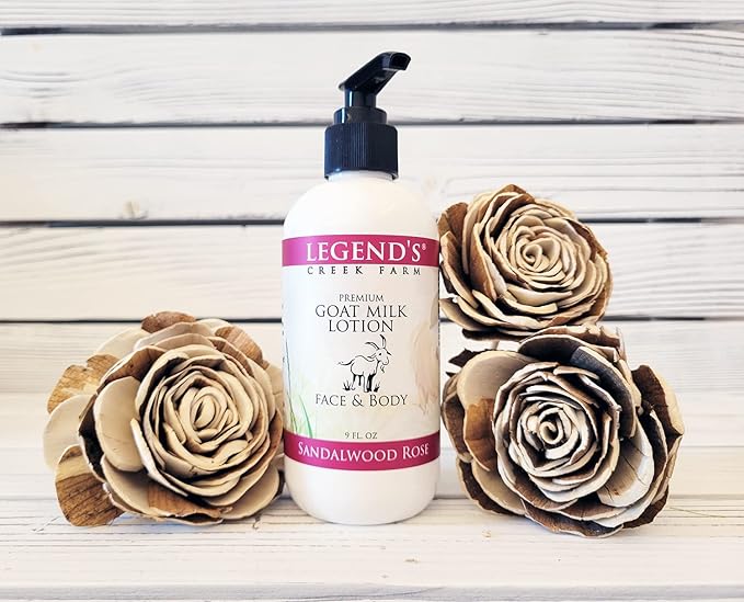 Legend's Creek Farm Goat Milk Lotion - Moisturizing Goat Milk Body Lotion for Body, Hand & Face - 9 oz Body Moisturizer with Shea Butter, Sunflower Oil, Aloe, Handmade in USA (Sandalwood Rose L.)