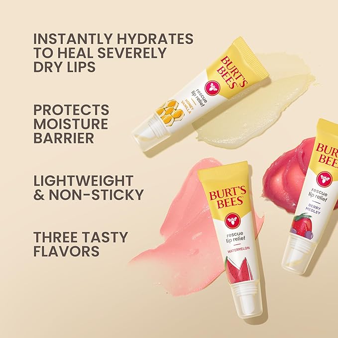 Burt's Bees Rescue Lip Relief, Honey Vanilla, Hydrating Lip Balm for Dry Cracked Lips, with Responsbily Sourced Beeswax and Shea Butter, 100% Natural Origin, 1 Squeezy Tube, 0.35oz