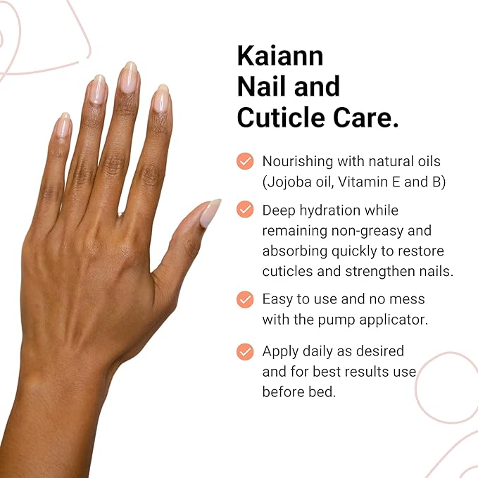 Kaiann Nail & Cuticle Oil - Peach Scented, Ingredients include Jojoba Oil, Vitamin E + B, Fragrance, Cuticle & Nail Strengthener - Cuticle Softener - Pump Applicator 1oz