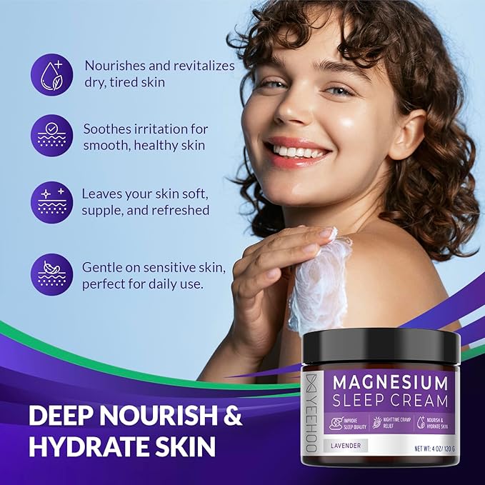 Magnesium Cream for Sleep: Topical Magnesium Chloride Cream Lotion for Leg Cramps PM Nighttime Cramp with Lavender Vitamin E Shea Butter (120G)